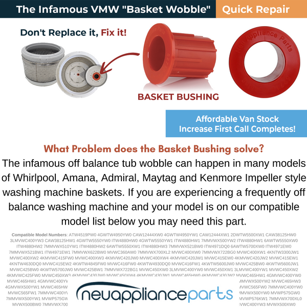 Washing Machine Basket Bushing - 52719 | Fixes & Repairs Whirlpool Off-Balance Tub Wobble | Fits 443 Washer Models of Whirlpool, Maytag, Amana & Kenmore Models Washer Neu Appliance - Parts